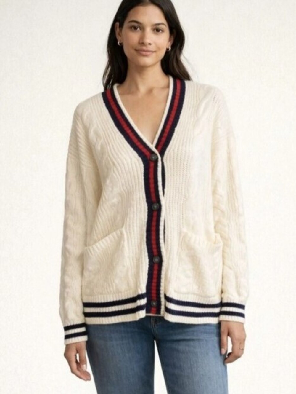 American Eagle Creamy Gray Varsity Cable Knit Button Cardigan - Size - Large
